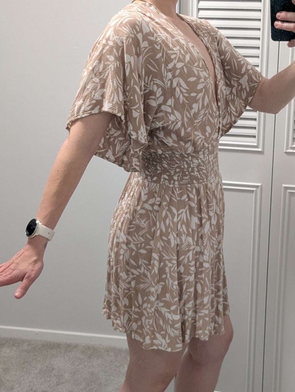 Beige and White Floral V-Neck Smocked Waist Romper